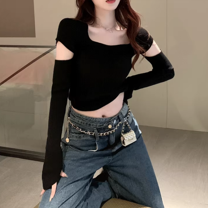 Sexy Openwork Square Neck Knitted Cropped Sweater