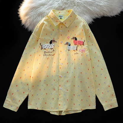 Cute Dachshund Embroidered Long-Sleeved Shirt