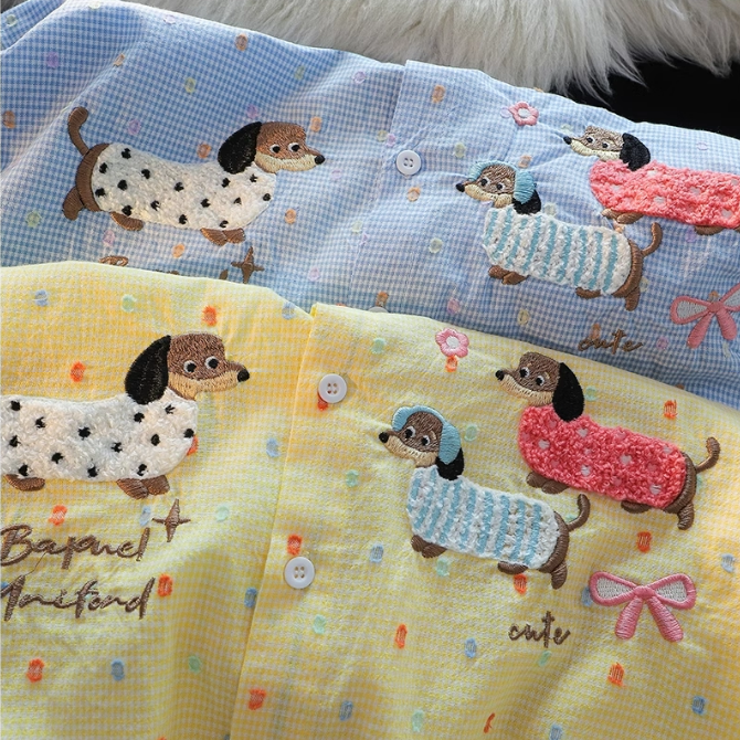 Cute Dachshund Embroidered Long-Sleeved Shirt