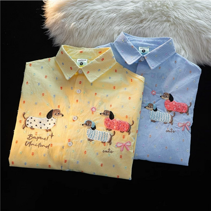Cute Dachshund Embroidered Long-Sleeved Shirt