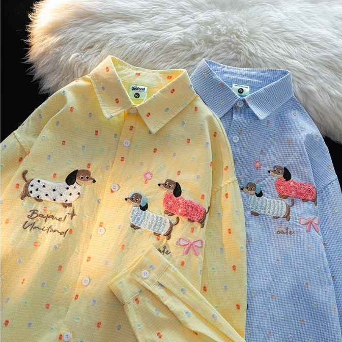 Cute Dachshund Embroidered Long-Sleeved Shirt
