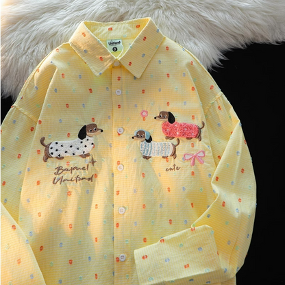 Cute Dachshund Embroidered Long-Sleeved Shirt