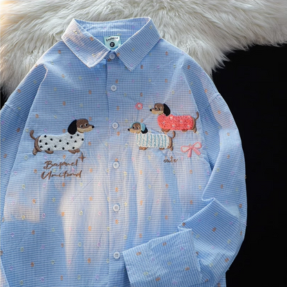 Cute Dachshund Embroidered Long-Sleeved Shirt