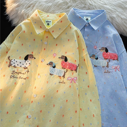 Cute Dachshund Embroidered Long-Sleeved Shirt