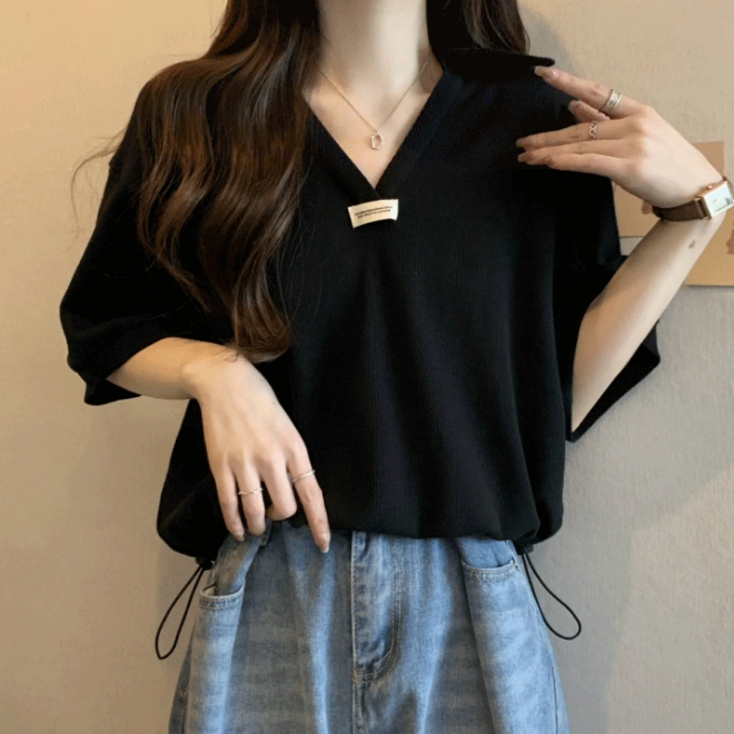 Letter-Print Drawstring Polo T-Shirt