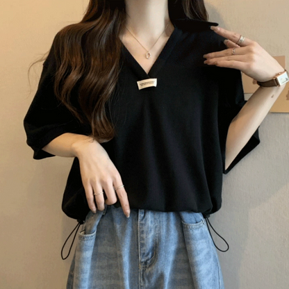 Letter-Print Drawstring Polo T-Shirt