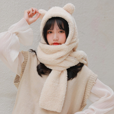 Cute Bear Hat And Scarf All In One Plush Warm Ear Protection And Neck Scarf Set