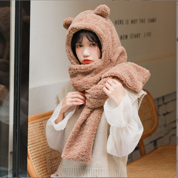 Cute Bear Hat And Scarf All In One Plush Warm Ear Protection And Neck Scarf Set