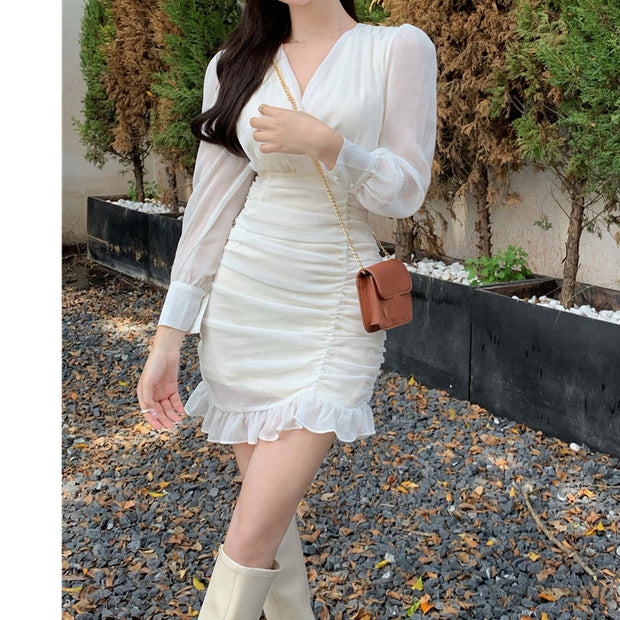 V-neck chiffon puff sleeve long sleeve dress