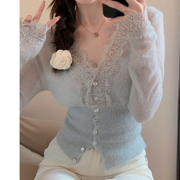 V-neck long-sleeved knitted short top