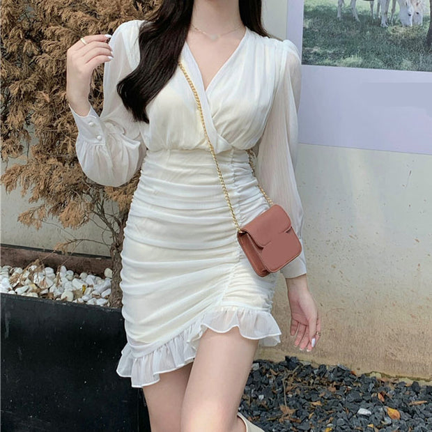 V-neck chiffon puff sleeve long sleeve dress