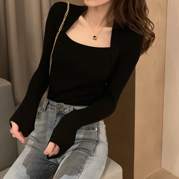 U-Neck Long-Sleeved Solid Sweater