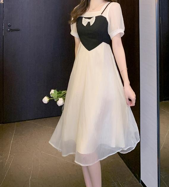 French Stitching Bow Chiffon Fake Two-Piece Dress