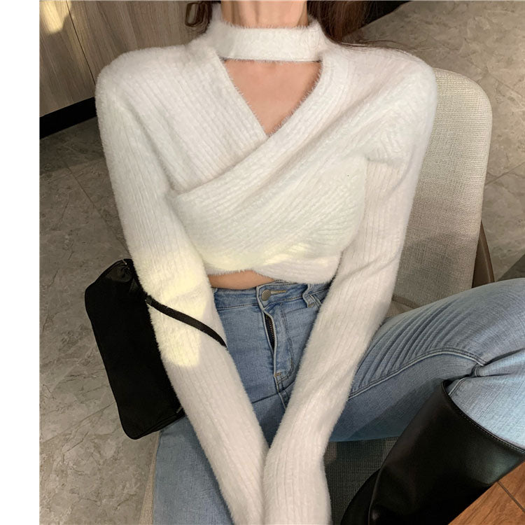 V-Neck Long-Sleeved Short Knitted Sweater Top