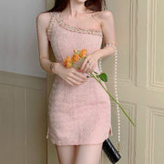 Vintage pink one-shoulder tweed dress