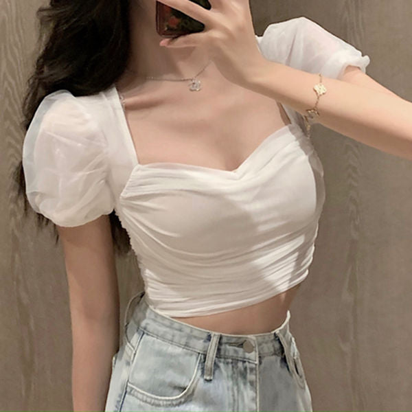 White Square Neck T-Shirt Puff Sleeve Crop Top