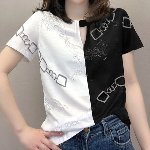 Color Block Print Short Sleeve Cutout T-Shirt Top