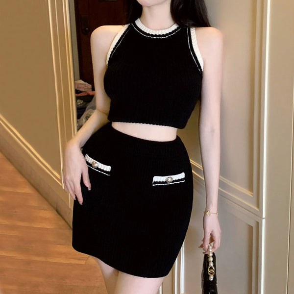 Black Cropped Knit Vest High Waist Skirt Set