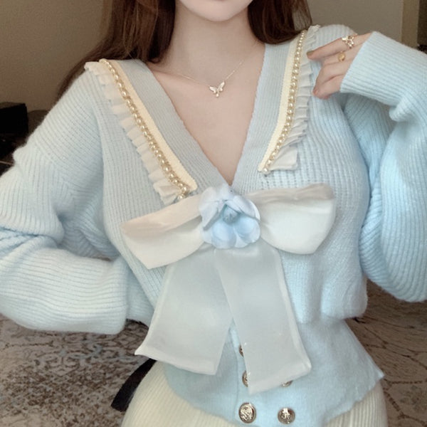 V-Neck Rhinestone-Bow Cardigan