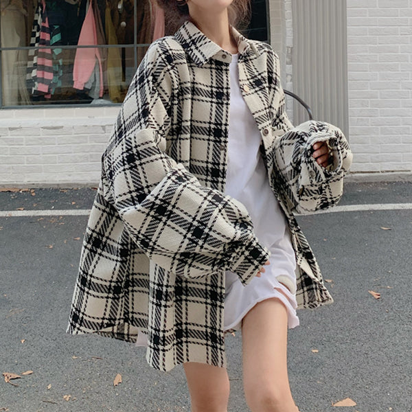 Plaid loose long sleeve polo collar shirt top