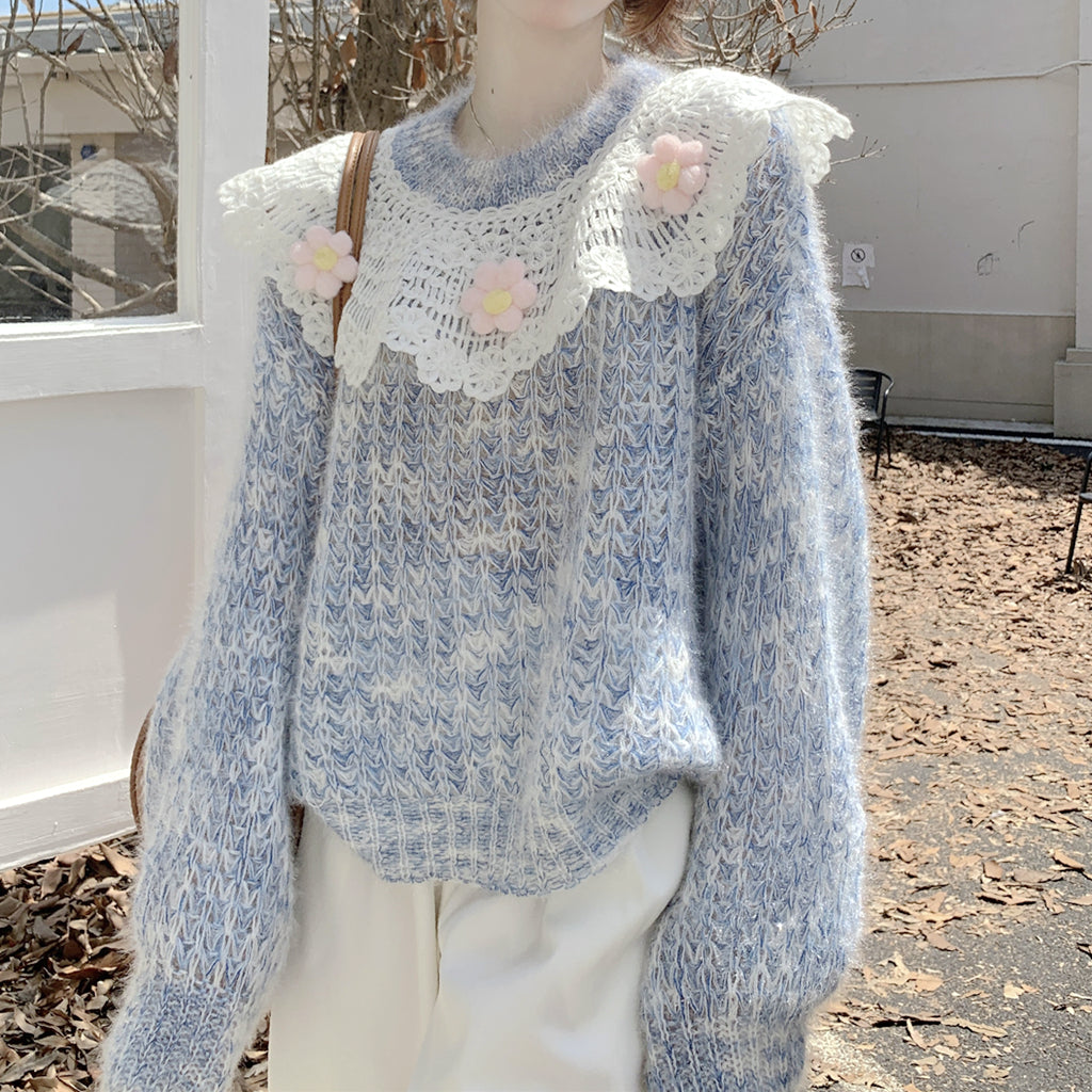 Doll Collar Cutout Flower Loose Long Sleeve Sweater