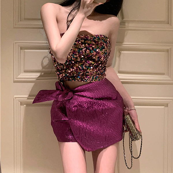 Sequin tube top purple lace-up skirt set