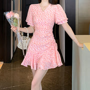 V-Neck Drawstring Short-Sleeved Pink Floral Dress