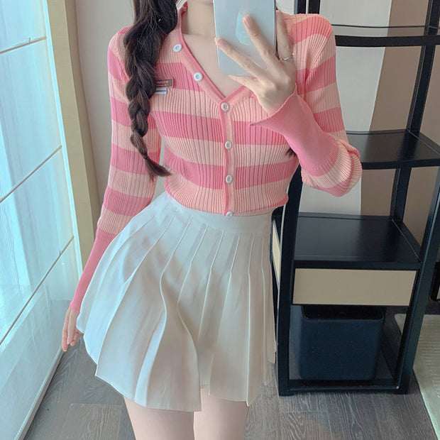 V-neck striped knitted cardigan pleated skirt suit