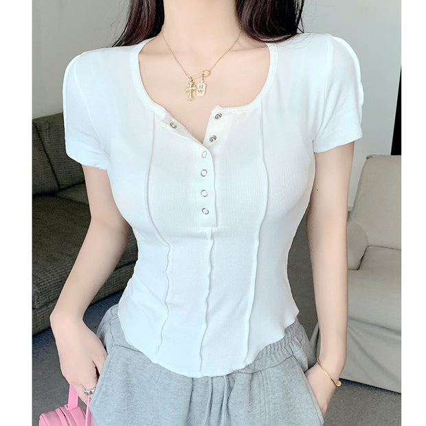 Stretch skinny square neck button short sleeve t-shirt
