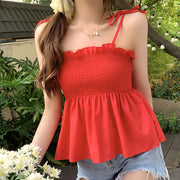 Pleated ruffled lace-up stretch tank top
