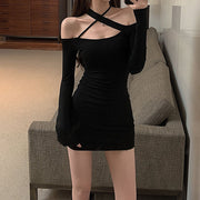 Cross halter long sleeve a-line dress