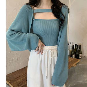 Two-Piece Solid Color Long-Sleeved Knitted Bolero Cardigan