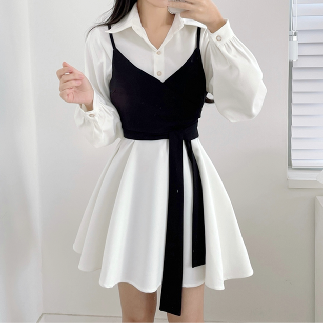 Lace up crop top long sleeve shirt dress set – DRESSVY