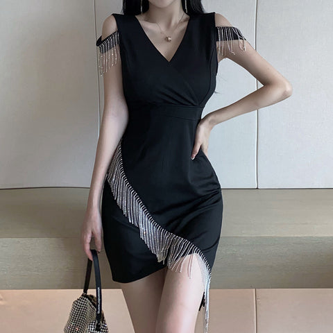 V-Neck Sleeveless Fringed Black Cocktail Dress