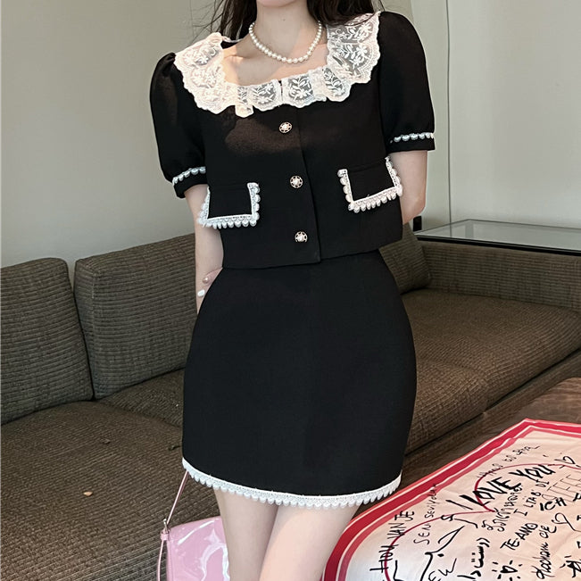 Lace Collar Short Sleeve Jacket High Waist Skirt Set