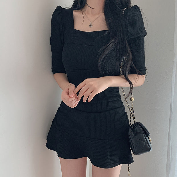 Square Neck Clavicle Slim Fit Puff Sleeve Short Dress