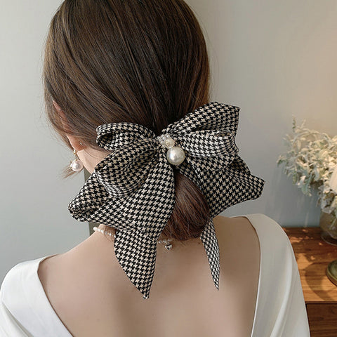Pearl Houndstooth Large Bow Elegant Hair Clip