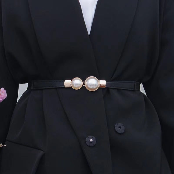 Pearl Button Elastic Sweater Dress Thin Belt