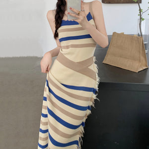Contrast Slit Long Striped Knit Slip Dress