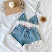 Lace-trimmed denim top elasticated waist shorts set