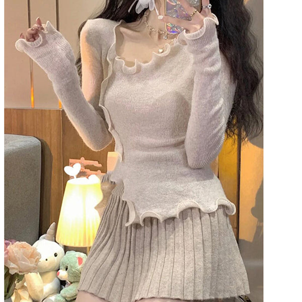Fungus-Trimmed Elastic Knitted Top Pleated Skirt Set