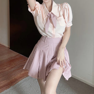 Bow Tie Short Sleeve Shirt Striped Pleated Skirt Set