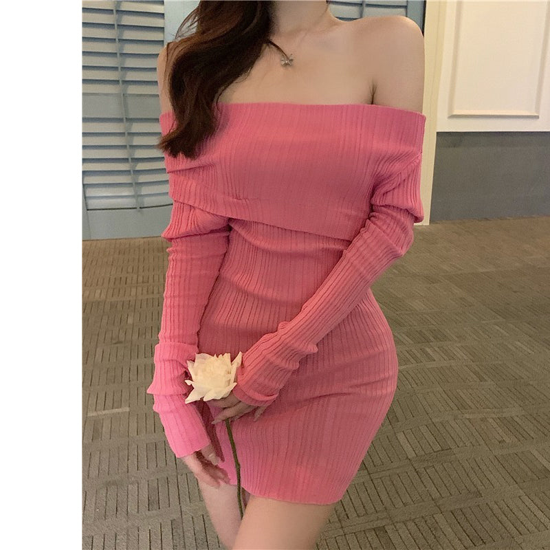 Off-Shoulder Long Sleeve Pink Slim Fit Knit Dress