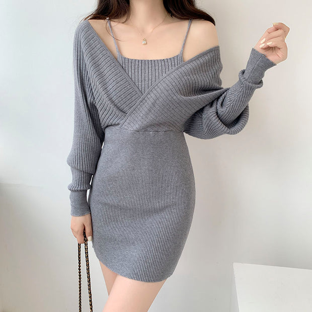 Fake two piece slim fit long sleeve knit dress
