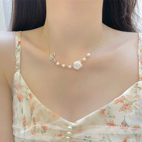Rose Butterfly Pearl Clavicle Necklace