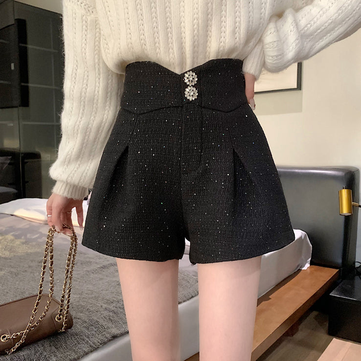 Wool Sequin High Waist Wide Leg Straight Shorts