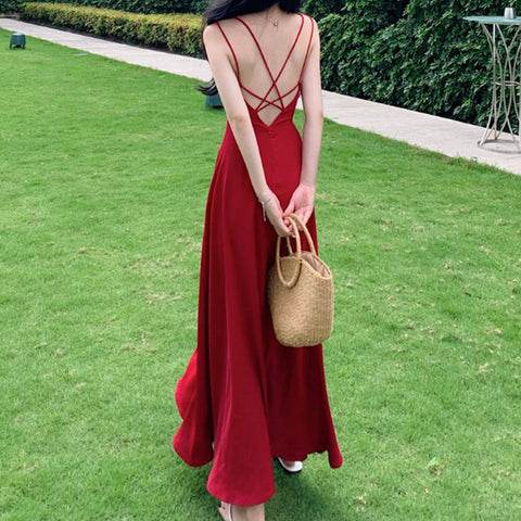 Sexy Backless Vintage Satin Long Cami Prom Dress