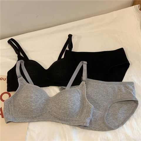 Striped Solid Color Simple Bra And Panty Set