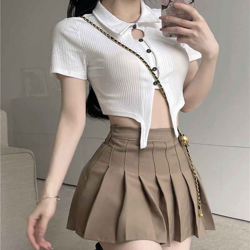 Polo Neck Short Sleeve Top Pleated Skirt Set