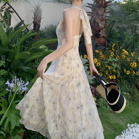 Chiffon Backless Halterneck Floral Long Dress